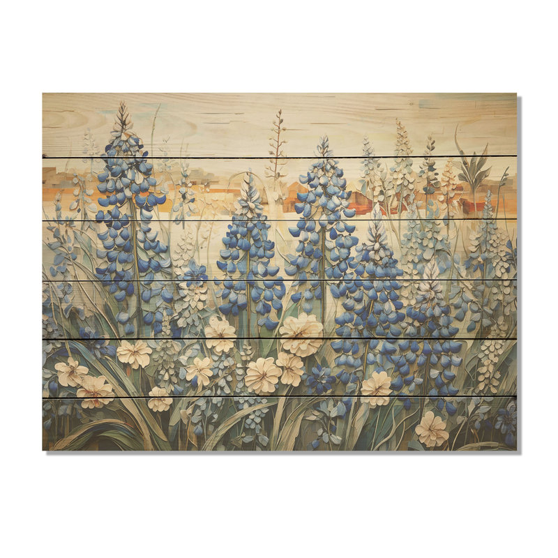 Magical Blue Bonnets Grass Meadows I - Blue Bonnets Wood Wall Art On Natural Pine Wood, 24" H x 32" W