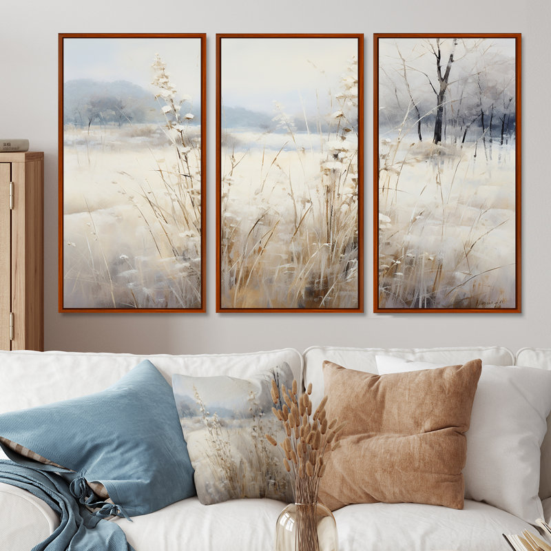 «Winter Meadow View Calmness I», art mural prairie, H 32 po x l 48 po x P 1 po, Cadre flottant brun