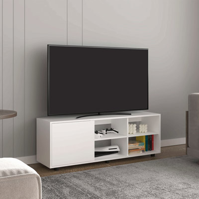 Meuble télé 51 po avec armoire à une porte, quatre tablettes ouvertes, gestion des câbles, salon, salle de télévision