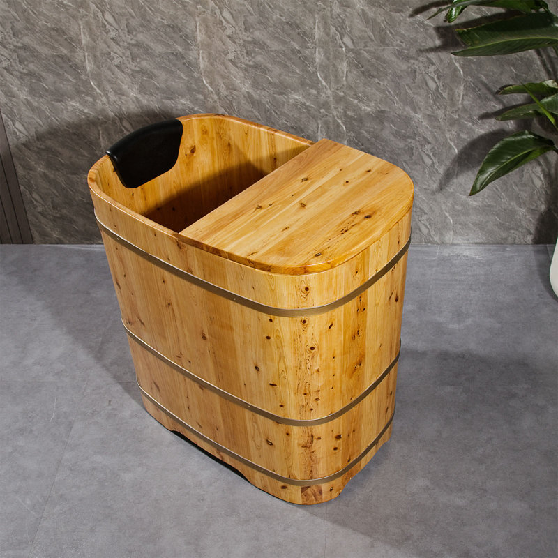 Baignoire de trempage profonde autoportante en bois japonais 34 po x 23 po avec couvercle pour petits espaces STB12801