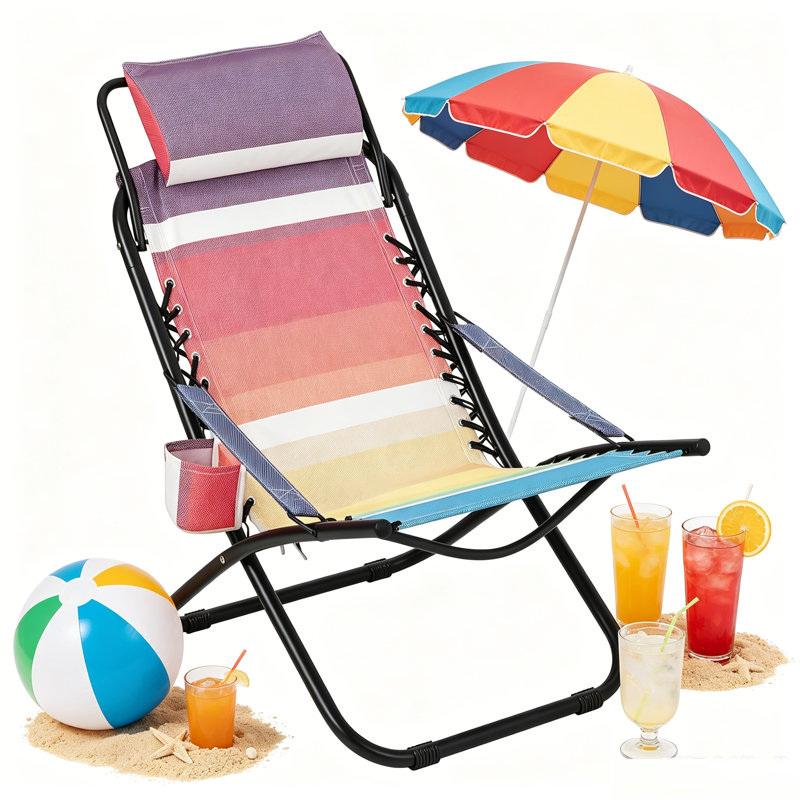 Beach Chair Lounge Chair Outdoor, Lightweight Folding Beach Chair with Adjustable Recline & Cup Holder, Portable Camping Pool Chair for Sun Tanning Beach Days Festival, Rainbow Colors.