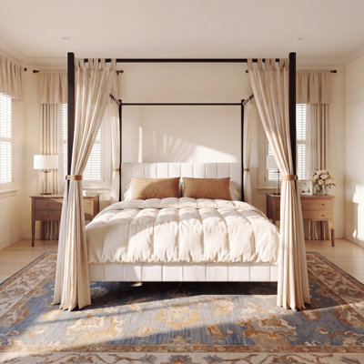 Avalon Modern Glam Canopy Bed Frame with Channel-Tufted Upholstered Headboard & Footboard, Metal Four-Poster Platform Bed