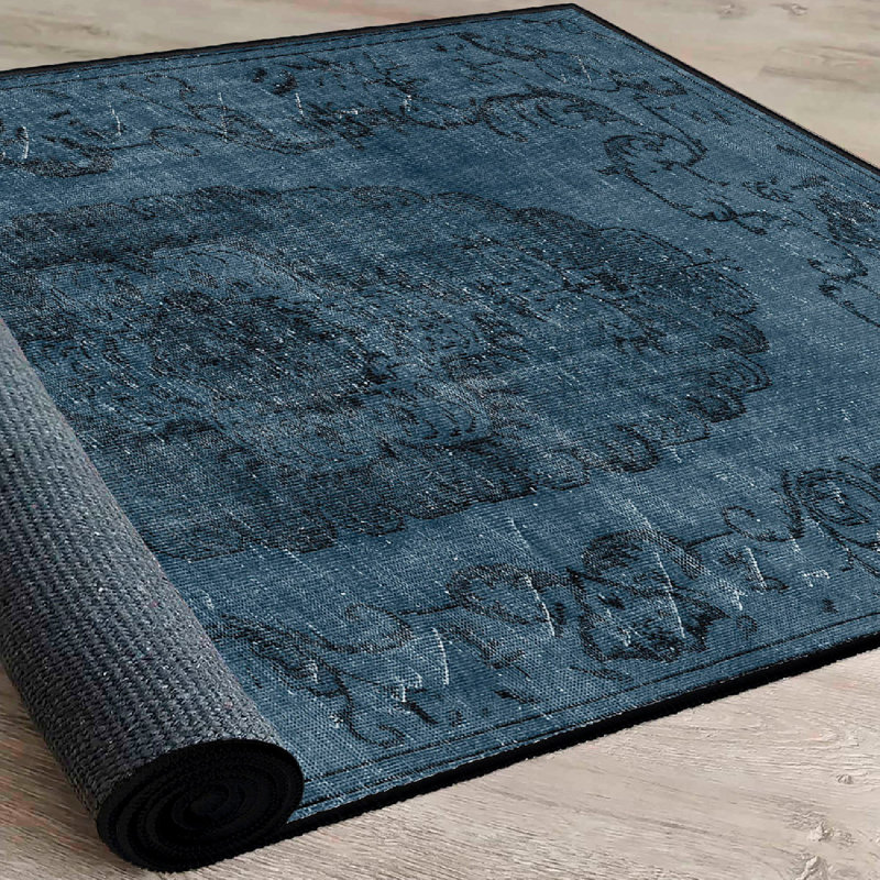 Luxurious Cotton Area Rug, Navy Blue & Black, 70.9 x 110.2 inches | 100% Cotton, 1200 g/m², 0.4 in Pile Height | Antibacterial, Non-Slip PVC Underside, Machine Washable, Perfect for Living Room & Bedroom Decor