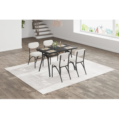 5-Piece Dining Table Set for 4, Modern Rectangular Kitchen Table with Under Storage Rack, 4 Boucle Upholstered Chairs for Dining Room, Breakfast Nook