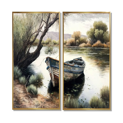 Fishing Boat In The River - Green Canvas Prints 2 Pieces