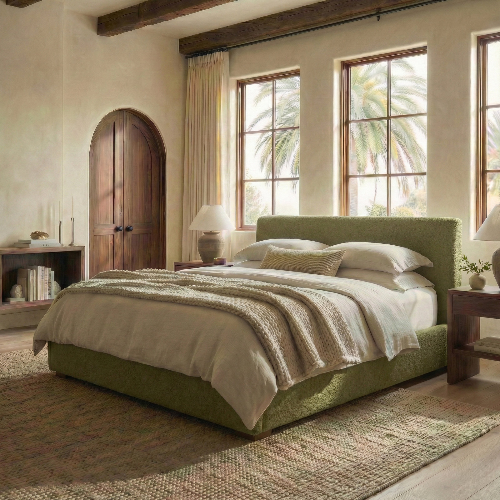 Callahan Upholstered Bed, Queen, Olive Green Faux Sherpa