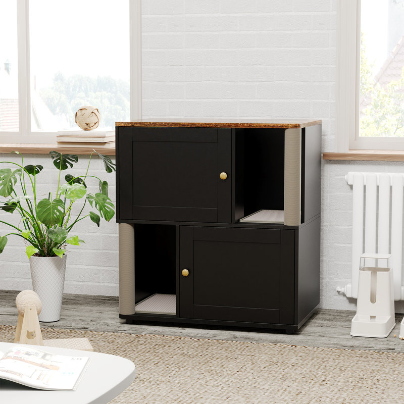 Enceinte de litière pour 2 chats, meuble de salle de bain caché pour chat avec tablette et grattoir pour chambre double, Noir