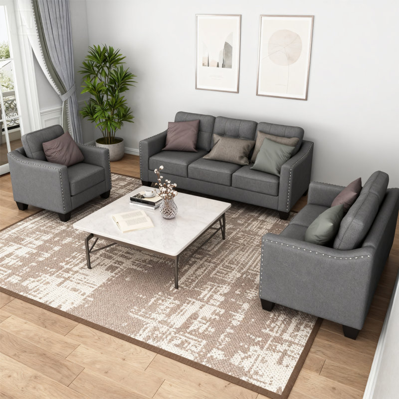 Ensemble de canapé de salon 3 pièces avec dossier capitonné, canapé rembourré, causeuse et fauteuil, Gris foncé