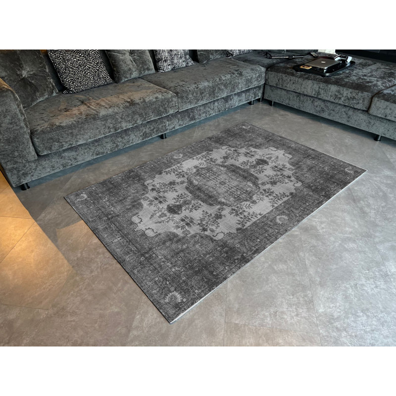 Tapis tissé noir et gris Vintage, Rectangle 3 pi 3,37 po x 4 pi 11,06 po