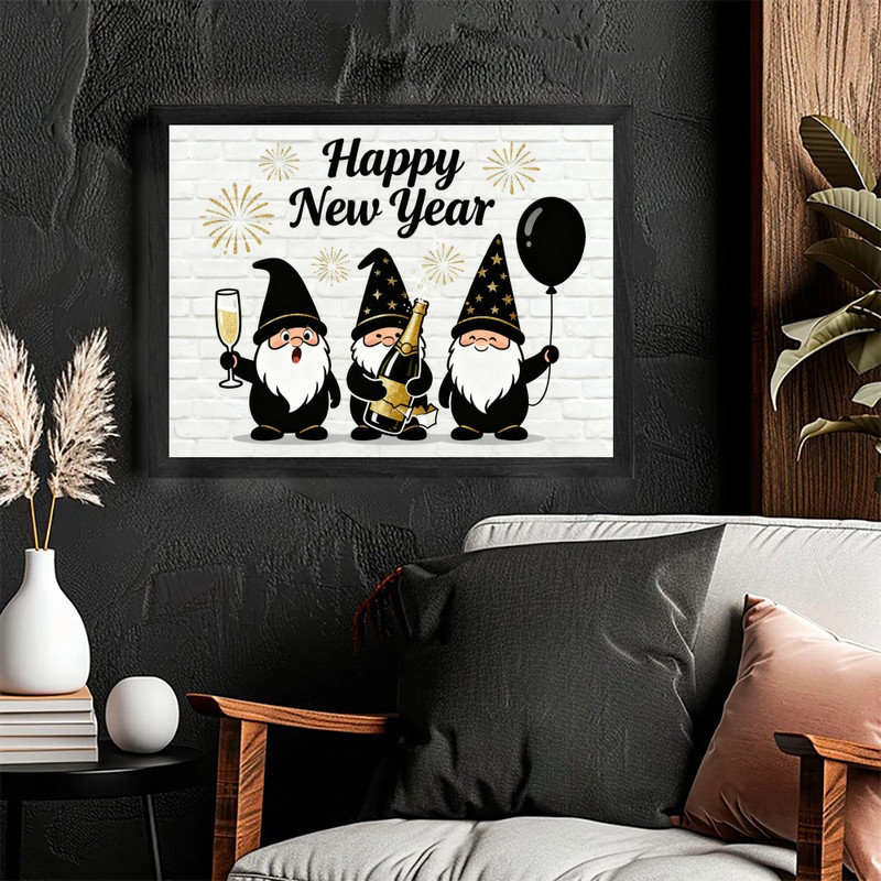 Cadre noir, nouvel an, elf or, feu d'artifice mural, décoration festive, cadre, H 17 po x l 25 po