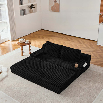 70.8-inch Corduroy Sofa Bed with Throw Pillows, Cup Holders, and Side Storage Pockets for Living Rooms and Bedrooms