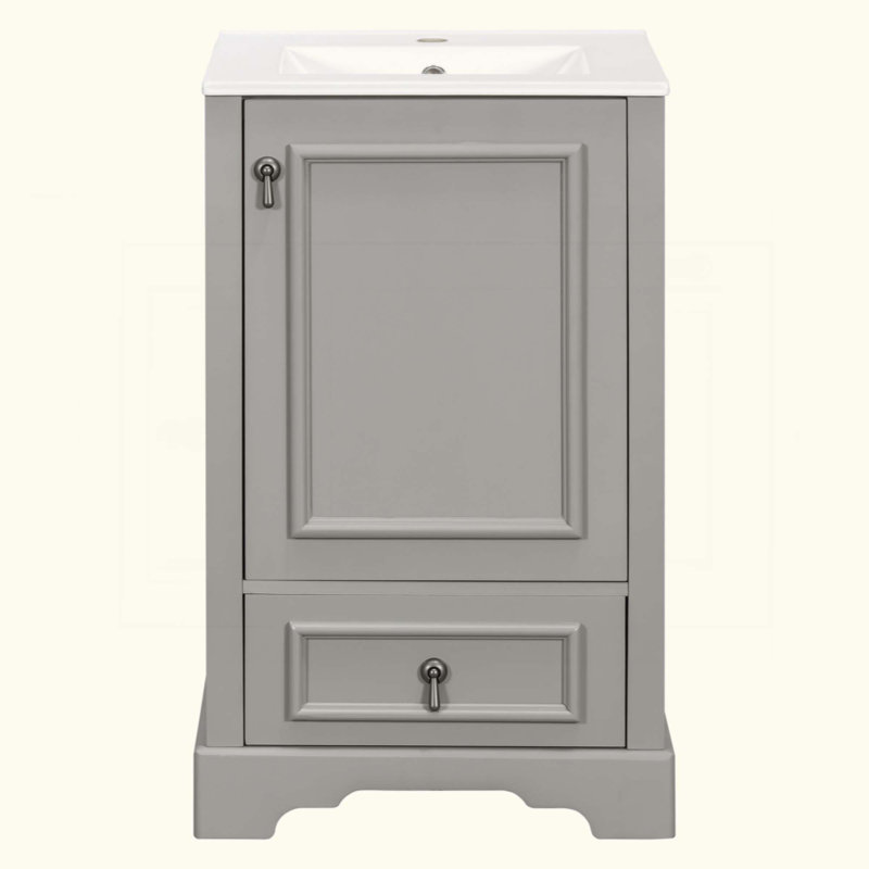 Meuble-lavabo de salle de bain avec lavabo en céramique, porte à fermeture en douceur, tablette ajustable en forme de U, tiroir de compartiment et support de porte, style moderne, conception peu encombrante