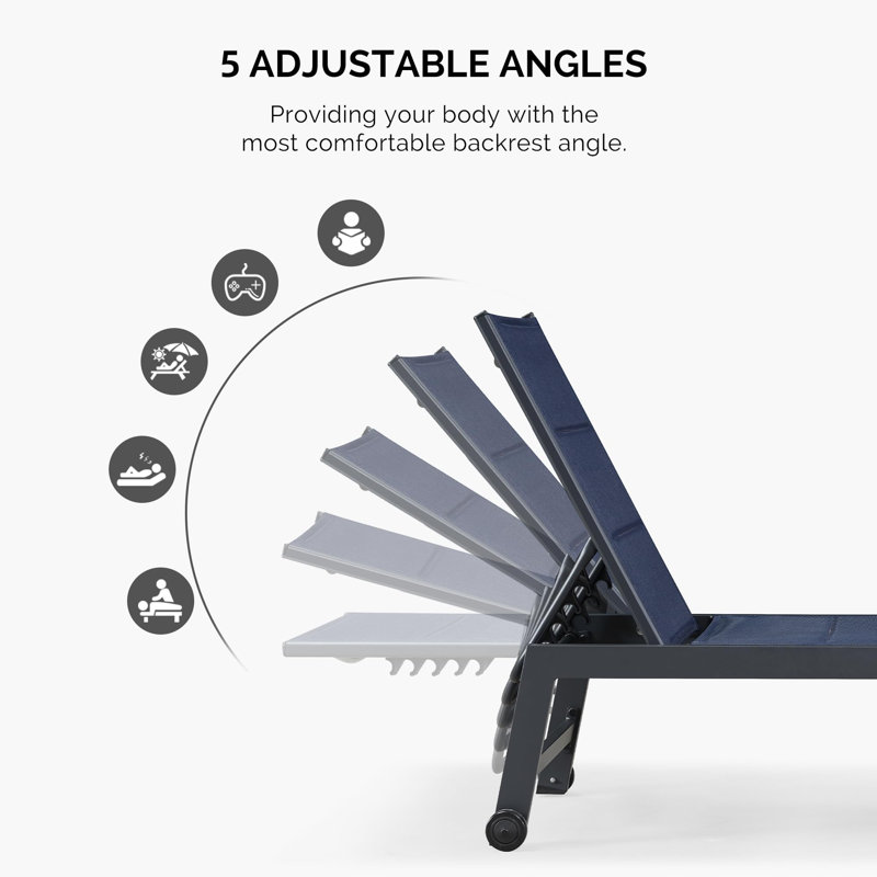 Outdoor Metal Chaise Lounge with Table, Navy Blue