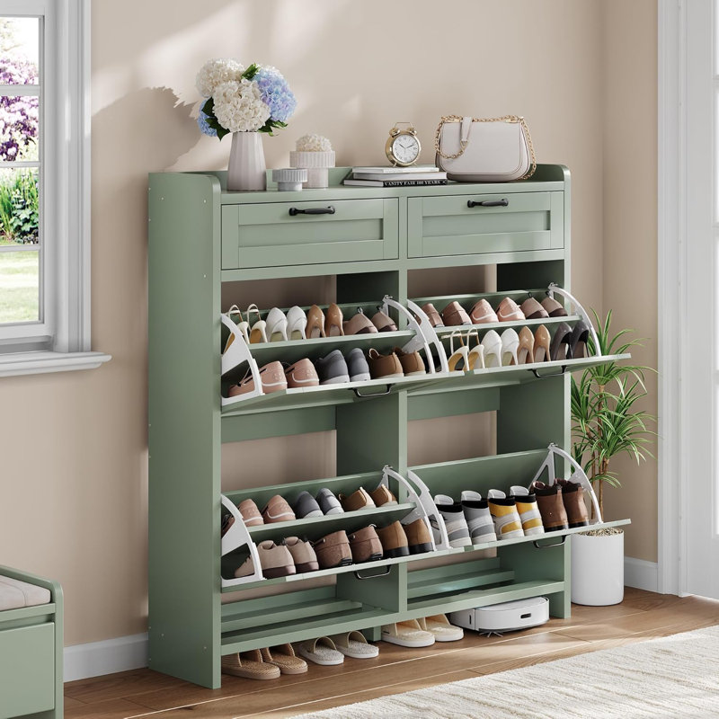 4-Tier Large Shoe Storage Cabinet with 2 Flip Drawers & Top Drawers, Freestanding Shoe Organizer for Entryway, Hallway, Green
