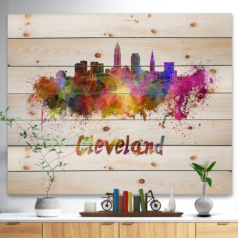 Cityscape Cleveland Skyline - impression d'art graphique, H 36 po x l 46 po x P 1,5 po, Bois