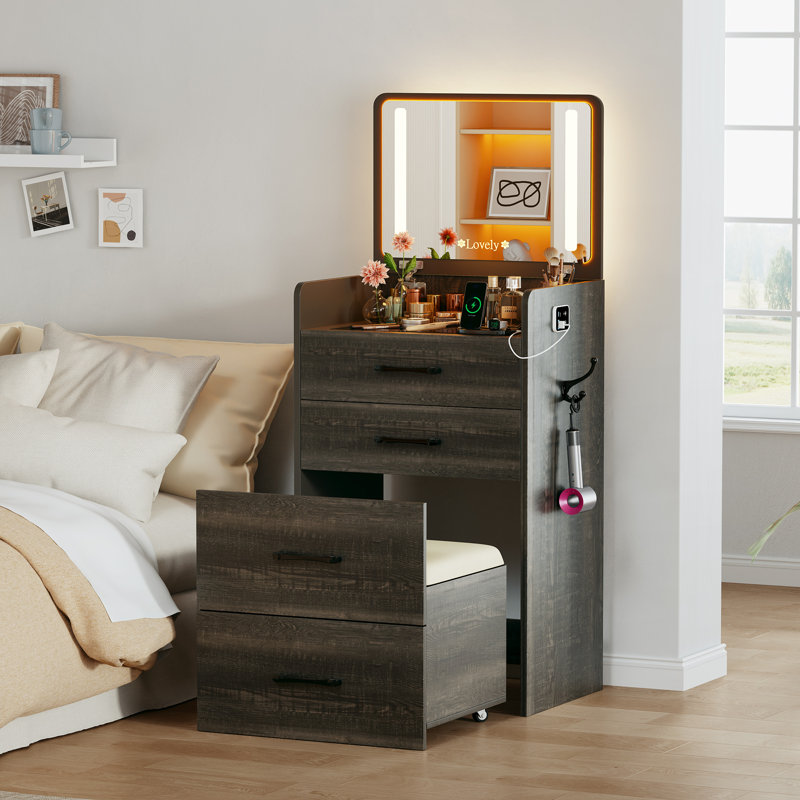 Coiffeuse de maquillage avec miroir lumineux à DEL, capteur de mouvement et station de charge, tiroirs et tabouret de rangement caché