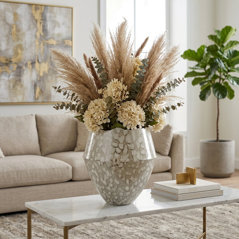 Decorative Porcelain Flower Vase with Patterned Design for Home Decor - Sculptural Tall Vase Accent for Living Room Styling - Ivory & Gray