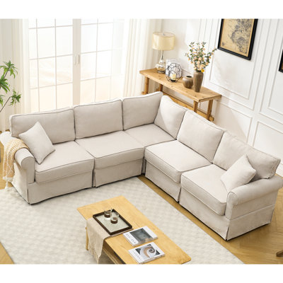 Modular Sectional Sofa Set Convertible L - Shaped 5 - Seat Reversible Rolled Arms Soft Linen