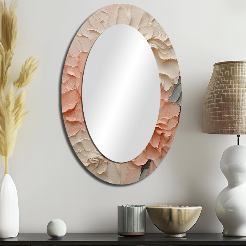 Fleurs beiges et roses en harmonie - Grand miroir mural ovale sur métal, H 36 po x l 24 po