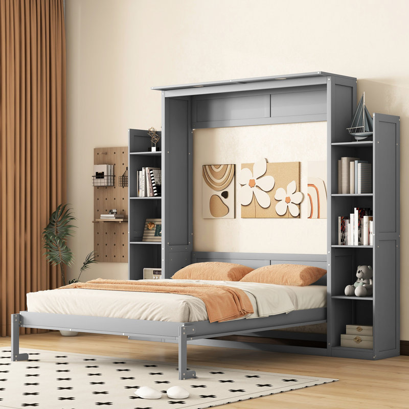 Lit mural gris avec lumières à DEL et grand espace de rangement pour l'organisation de grands lits en gris. Saving Sh tablettes Utilisation idéale à la maison. Lit armoire pliable. Fabrication en contreplaqué. Peut accueillir un matelas de 8 pouces. Facile