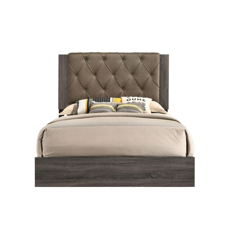 Lit EK Avantika en tissu et finition chêne gris rustique