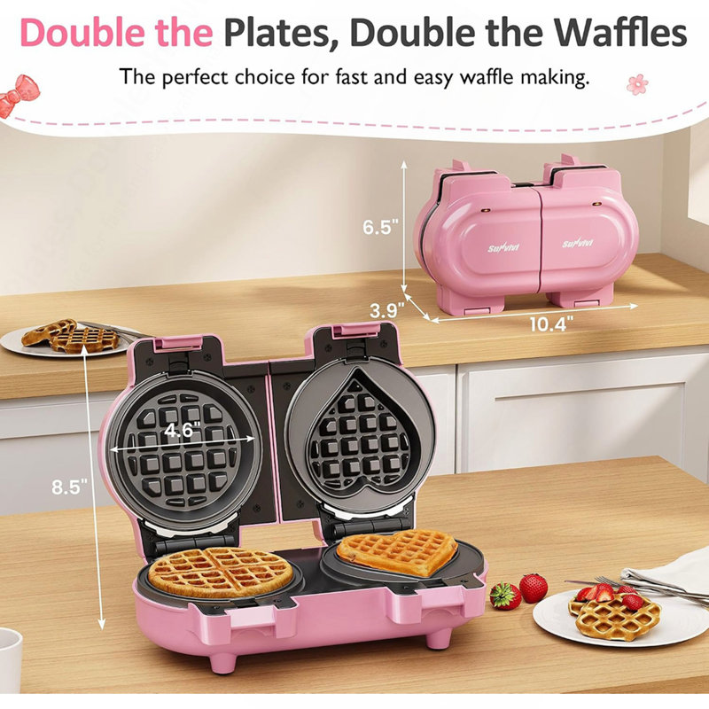 2 in 1 Heart Shape Waffle Maker - 4.6'' Double Mini Waffle Iron