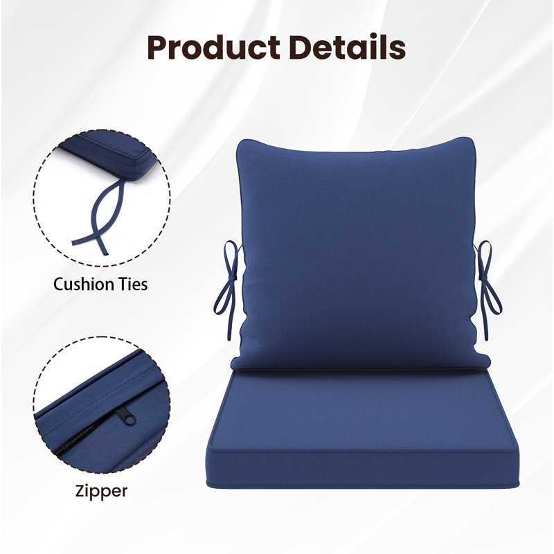 Outdoor 24 x 24 x 3.5 Inch High-Density Foam Cushion Set with Removable Cover and Ties, 25*25*3.5inch, Navy