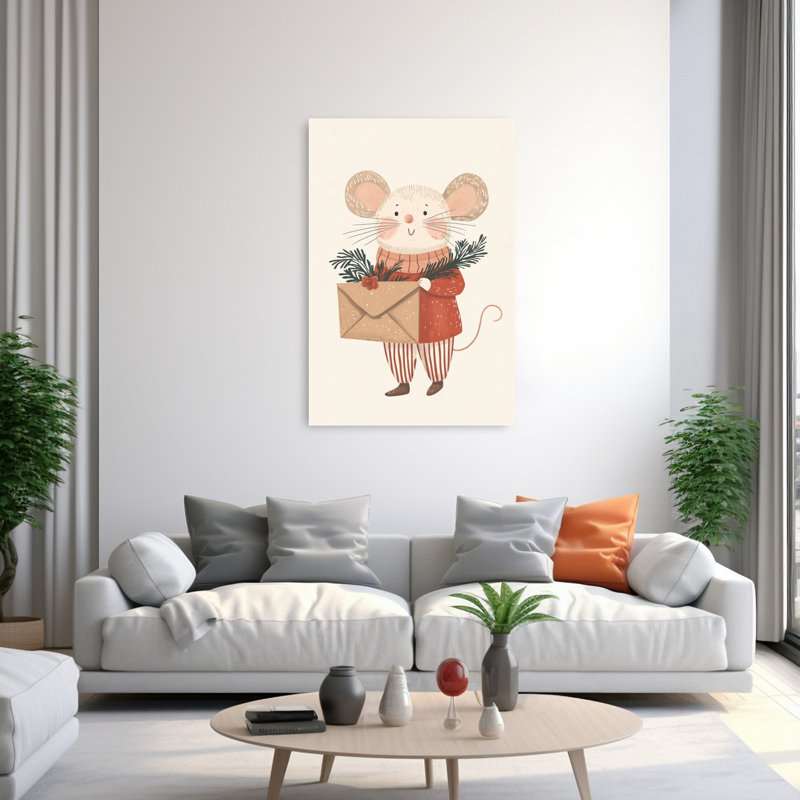 Festive Mouse Letter Whimsical Contemporary Pine Animal Nature Wall Art Print by Mathieu - Wrapped Canvas Print