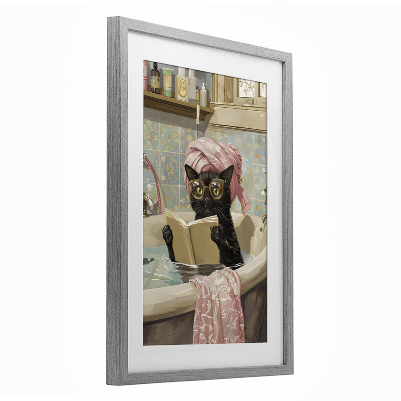 «Kitty Care Bathaign», reproduction encadrée sous verre, design par LSR Design Studio, Cadre de ferme gris, H 23 po x l 17 po