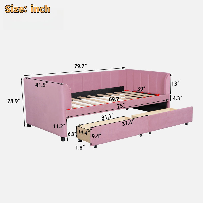 Upholstered Daybed With Ergonomic Design Backrest And 2 Drawers, Pink