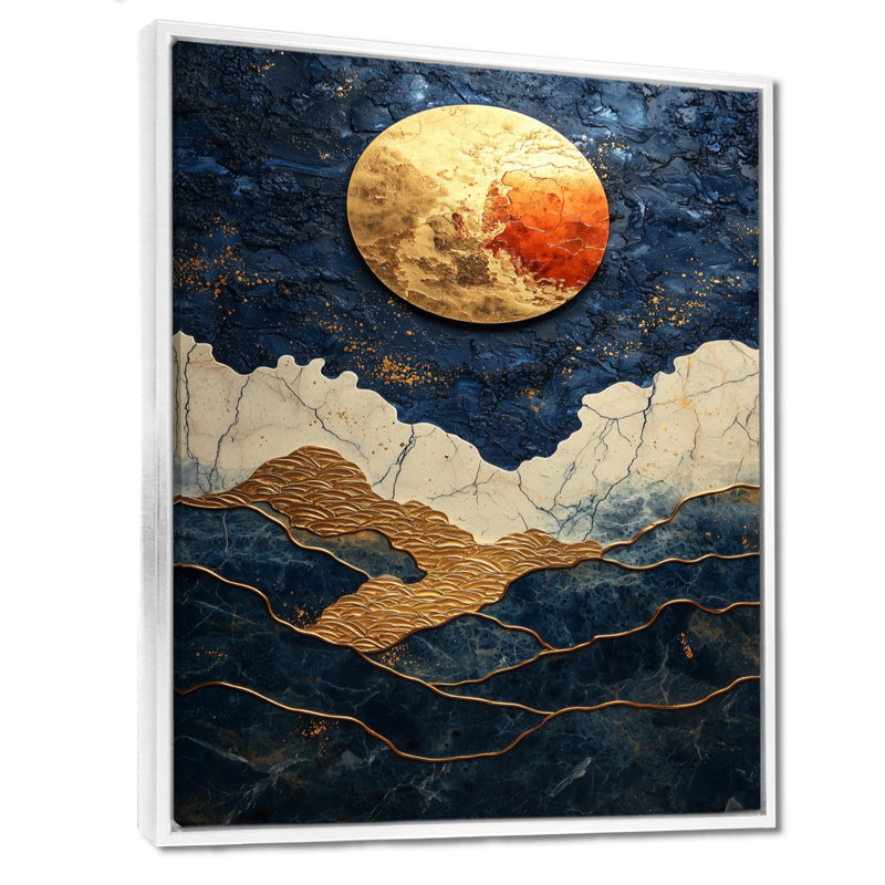 Lune dorée sur paysage côtier liquide I - lune, art mural, H 40 po x l 30 po, Impression encadrée sans passe-partout, Blanc