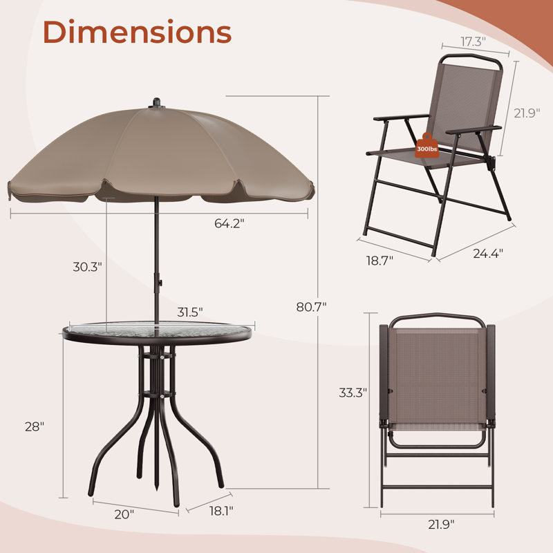 6 Pieces Patio Dining Set With 65″ Umbrella, Outdoor Table And Chairs With 31.5″ Round Glass Table, 4 Folding Textilene Chairs, Patio Dining Set With Steel Frame, For Poolside, Backyard(brown)