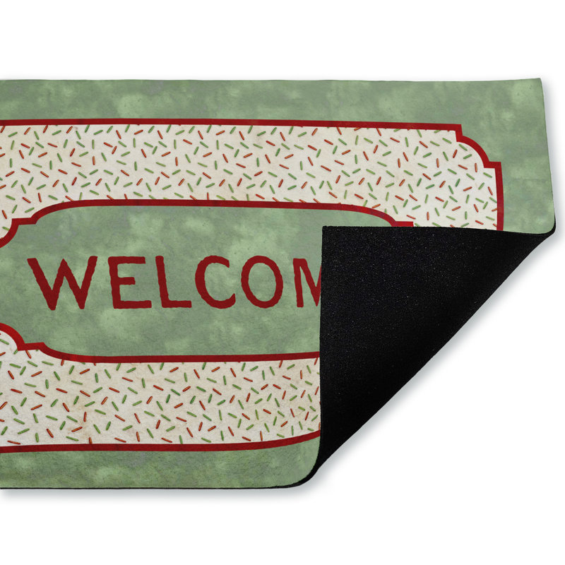 Tapis d'entrée rouge et vert à motif de rayures fines, par Tim Coffey, 18 po x 30 po, Rayures rouges et vertes bienvenues