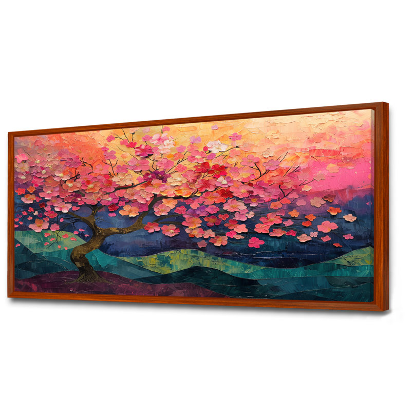  «Cherry Blossom Tree II» - décoration murale cerisier en fleurs, Toile avec cadre flottant brun