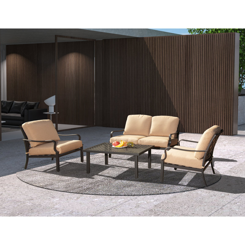 Ferruccia Metal 4 - Person Seating Group with Table and Cushions, Beige