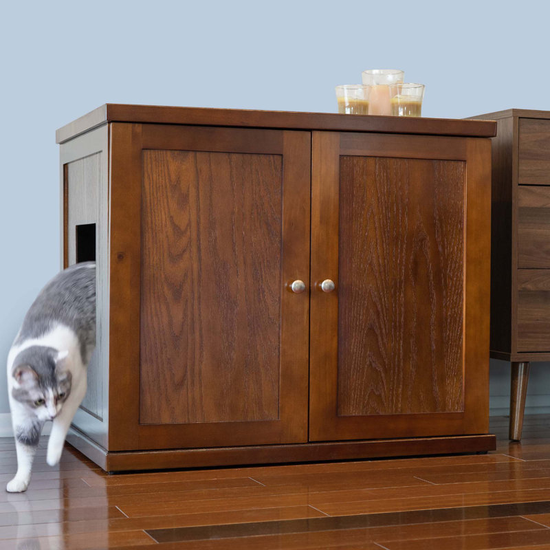 The Refined Litter Box - Wood Cat Litter Box Enclosure Cabinet with Drawer, Modern Style, Mahogany, Extra Large