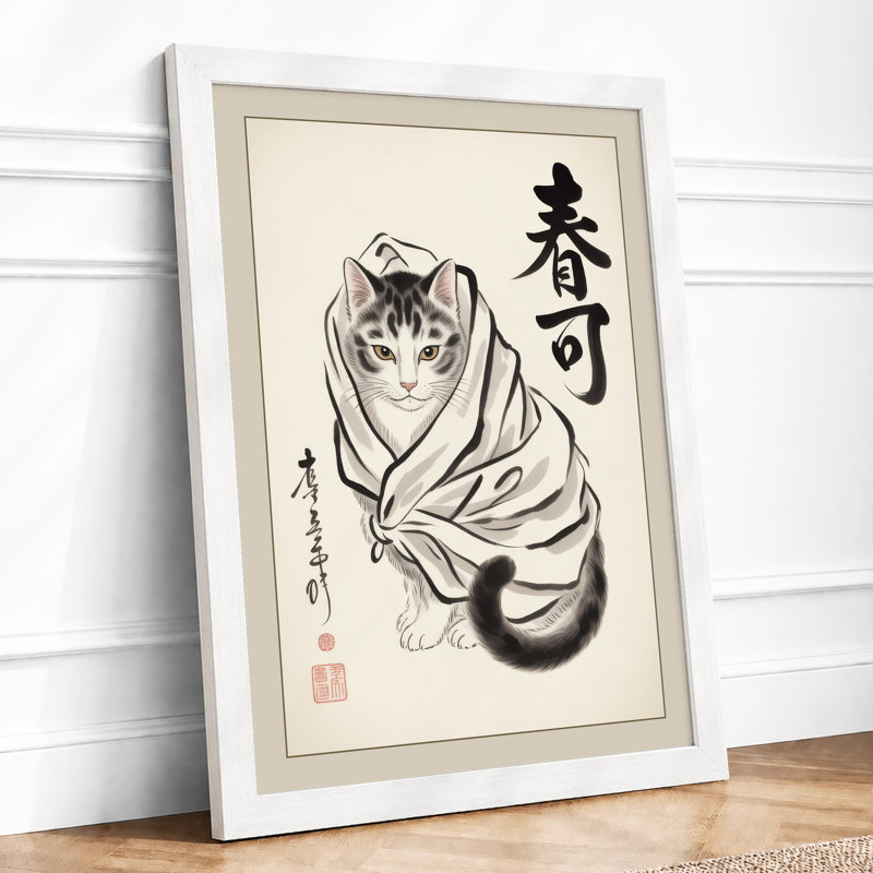 Cat in Flowing Robes Japandi - Framed Print, A2 - 59.4 x 42.0 cm, White