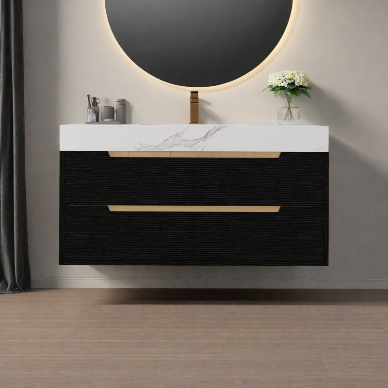 Meuble-lavabo moderne 35,4 po avec lavabo sous comptoir, plateau en pierre frittée, bois massif imperméable à plusieurs couches