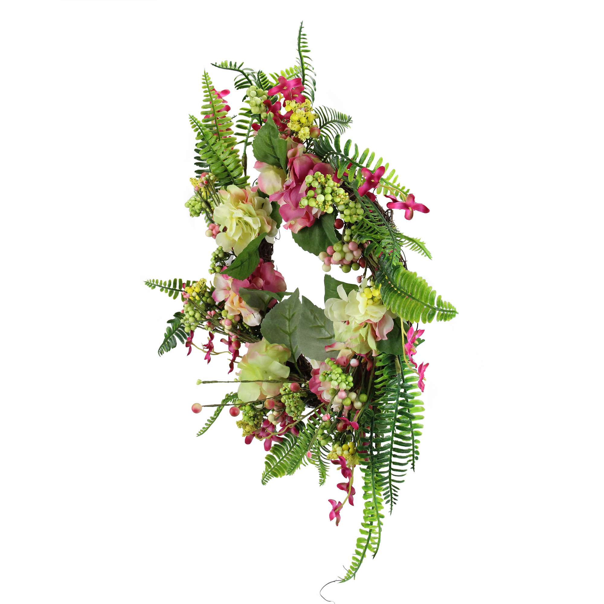 20 in. Spring Wreath with Red and Pink Flower Blooms, Yellow Berry Clusters, Fern Fronds