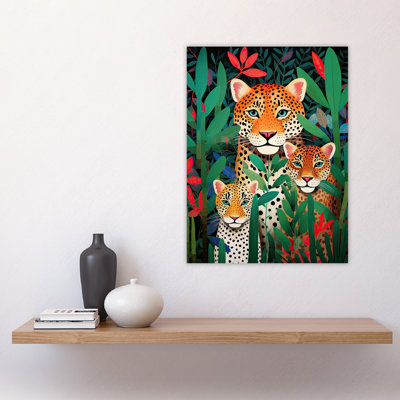Wall Art Print Leopard Family Wildlife Portrait Oil Painting Green Jungle Landscape Kids Bedroom Poster