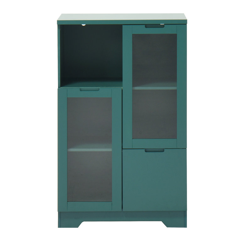 Green Mdf Painted Multipurpose Cabinet With Glass Doors, Drawer & Open Storage - For Bedroom & Living Room