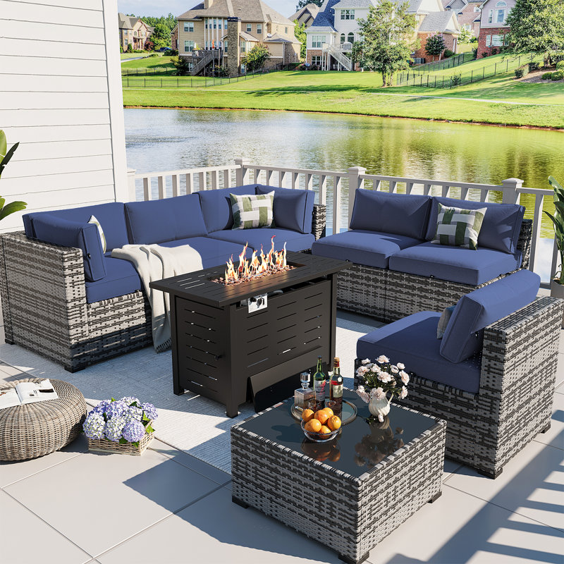 6-Seater Wicker Patio Conversation Set With Cushions, 44" Fire Pit Table And Coffee Table For Outdoor Use, Gray, Blue