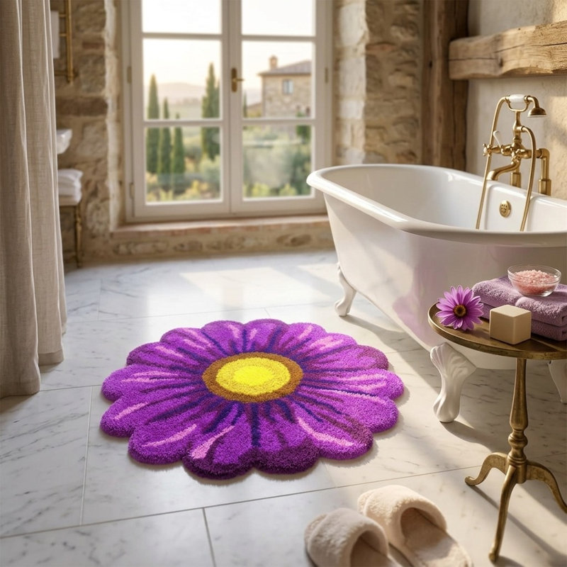 Plush Purple Floral Bath Mat - Non-Slip, Absorbent Microfiber Comfort