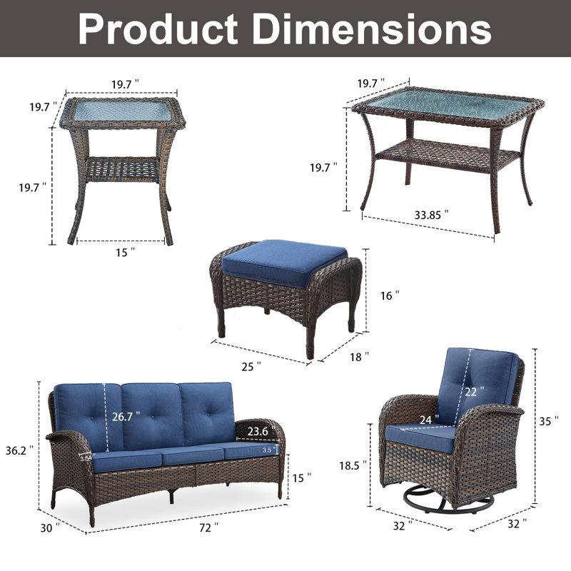 Gaetanino 7-Piece Patio Conversation Set with Rocking Chairs & Ottomans, Blue
