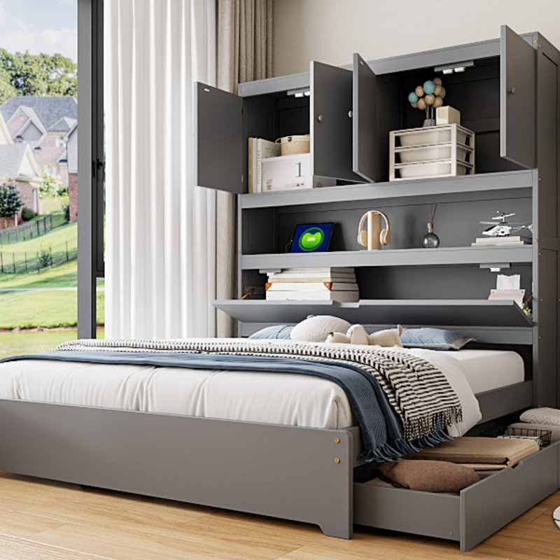 Lit plateforme double en bois avec port USB, tête de lit et tiroirs de rangement, cadre de lit, gris