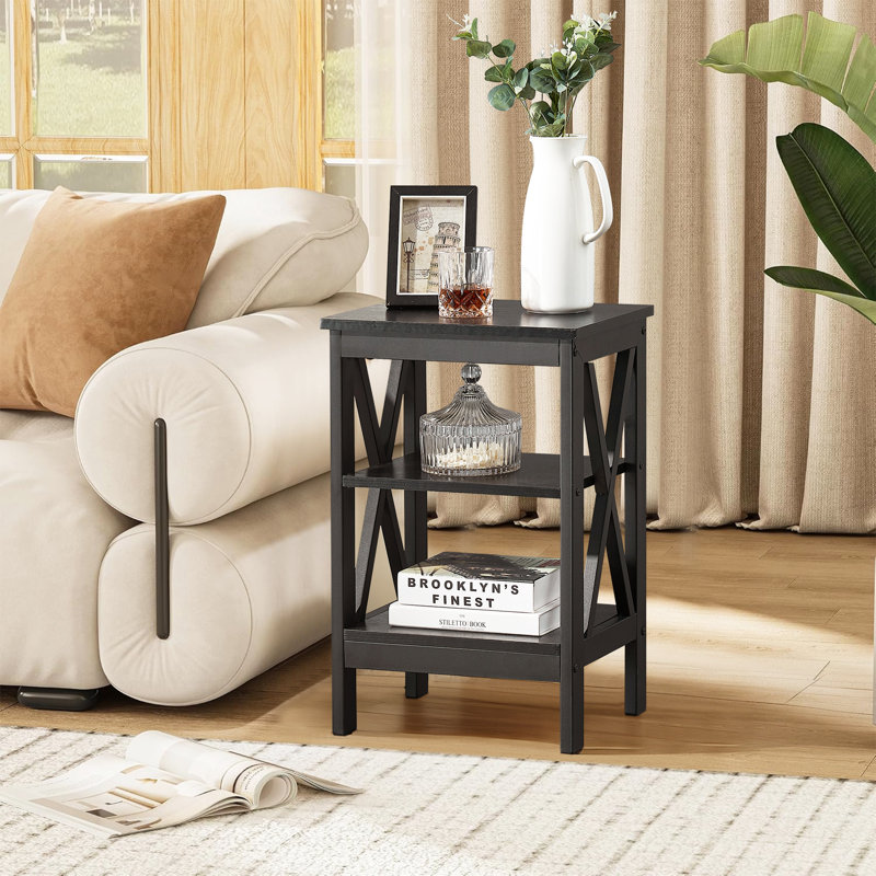 NS Manufactured Wood Bedside Table, Nightstand Sofa Side Table with 3-Tier Storage Shelf for Living Room, Bedroom, Stable Steel Frame, Easy Assembly