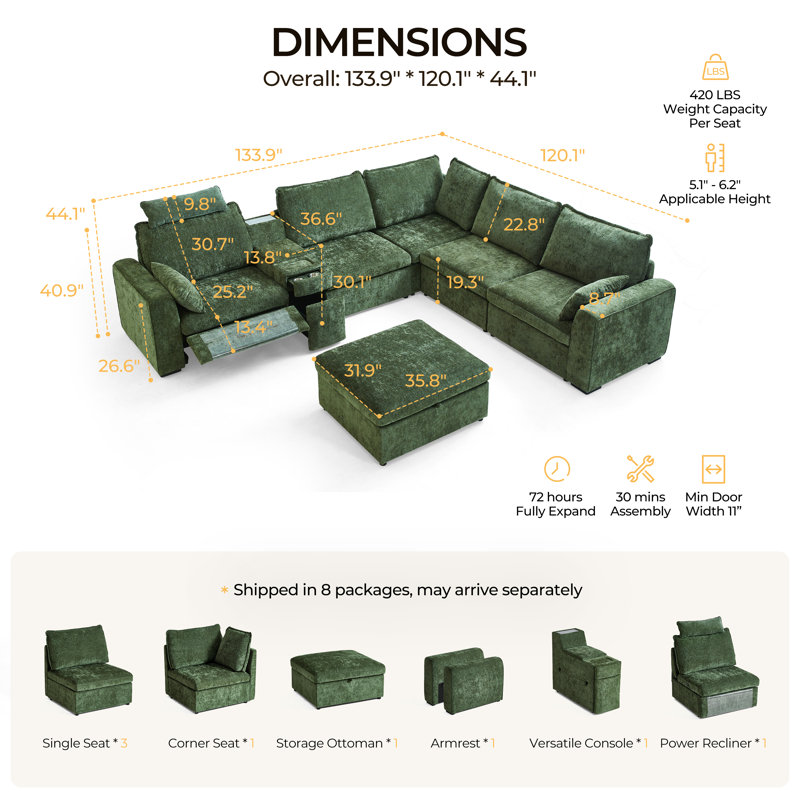 Canapé modulaire surdimensionné à 6 places avec rangement Olar, Chenille verte