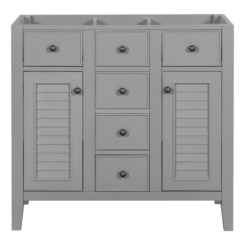 Meuble-lavabo 36 po sans lavabo, base d'armoire seulement, deux armoires et cinq tiroirs, structure en bois massif, gris