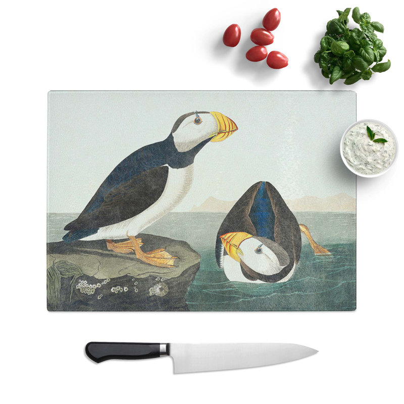 Tempered Glass Atlantic Puffins Chopping Board, 39 cm W x 28.5 cm L