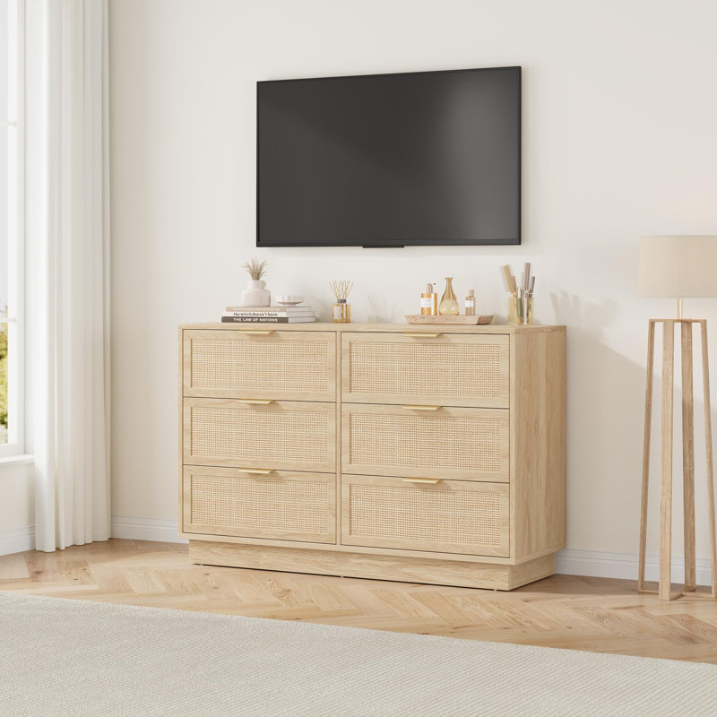 Commode 6 tiroirs en rotin avec corps et pieds intégrés, commode en bois pour la chambre à coucher, le couloir, l'entrée ou le placard, assemblage facile